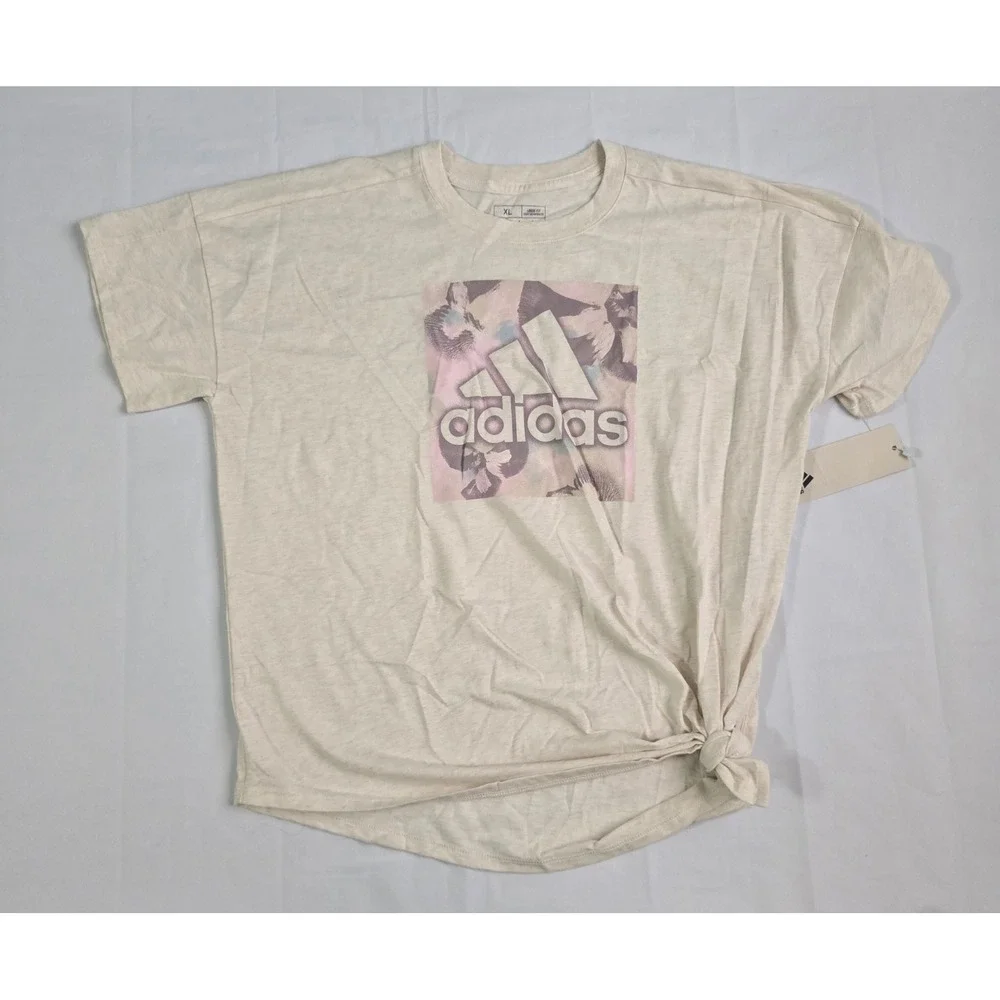 Adidas Girls XL Loose Fit Graphic T-Shirt Tan Heather Side Tie AA3189 NWT